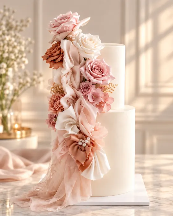 Ivory tiered cake with blush sugar roses