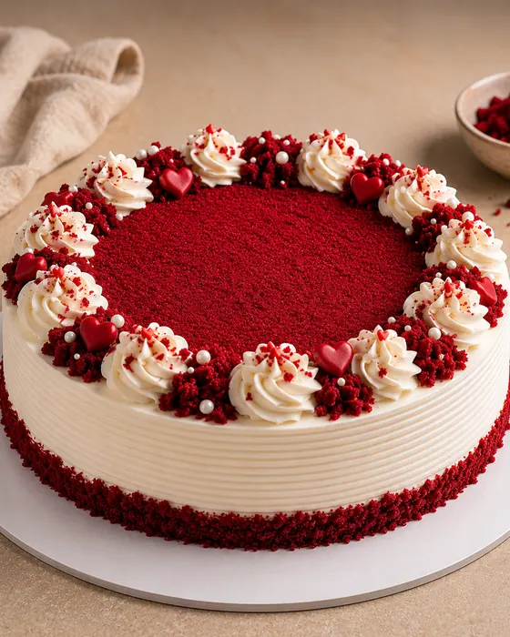 Red velvet cake with cream rosettes